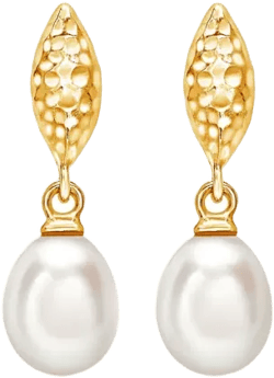 Hammered Marquise and White Freshwater Pearl Drop earrings