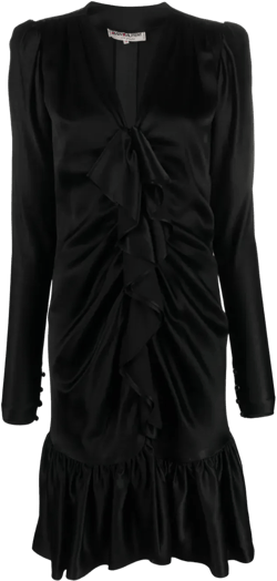 1970s ruffled front long-sleeved silk dress
