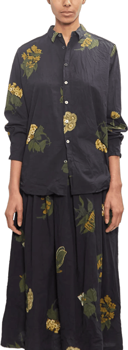 Cotton Summer Botanical Print Blouse — Black