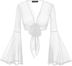 For G and PL Women Tie Front Bell Sleeve Rave Crop Tops Floral Print Hippie Mesh Sheer Shirt Medium White