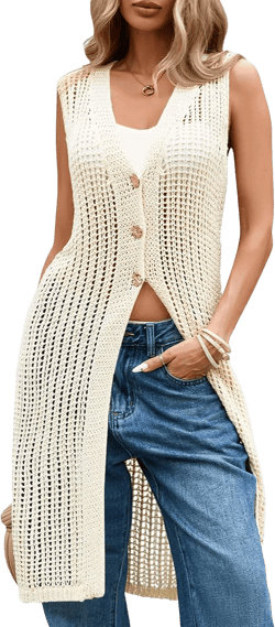 Cakulo Womens Sleeveless Crochet Cardigans Beach Cover Up 2025 Summer Long Knit Sweater Vest Tops