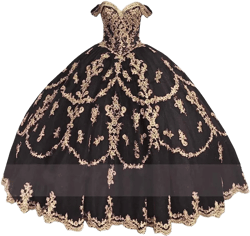 Gold Lace Quinceanera Dresses Off The Shoulder Beaded Tull Ball Gown Dress Formal