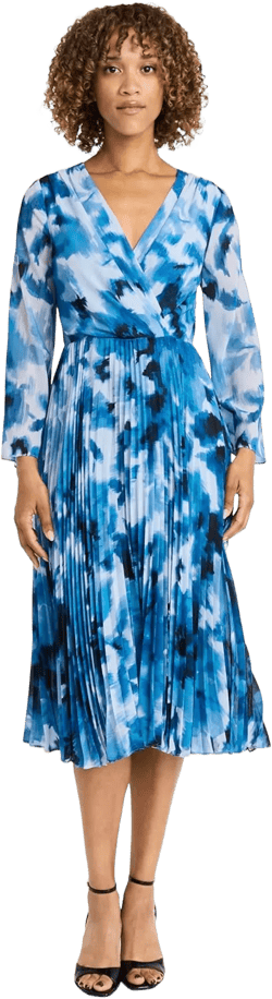 Maggy London Women's Elegant Wrap Midi Long Sleeve V-Neck Pleated Skirt-Versatile Wedding Guest Dresses 14 Blue/Black/Ivory