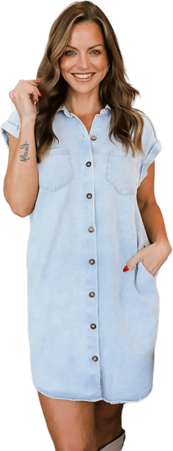 She + Sky Full Size Folded Cuff Button Down Washed Twill Shirt Dress Plus Size