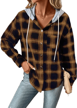 Plaid Drawstring Button Up Hooded Jacket
