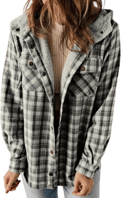 Plaid Snap Down Plush Hooded Jacket