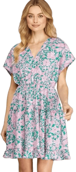 She + Sky Full Size Ruffled Hem Printed Surplice Kimono Sleeve Mini Dress Plus Size