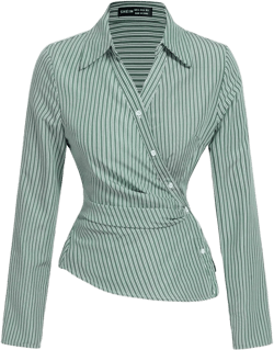 SHEIN MOD Women's Green & White Striped Turndown Collar Fold-Over Long Sleeve Business ,Business Casual Women,90s Outfit,Fall Clothing, Clothes,Business Casual Women,Back To School,Women Blouses,Going Out Tops,Long Sleeve Shirt,Work Women Blouses Valentine's Day