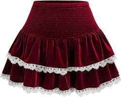 SHEIN PETITE Women's Autumn Velvet High-End Pleated Skirt, Red Christmas Party A-Line Skirt, Fashion Lace Waist Decor French Style Petite Skirt