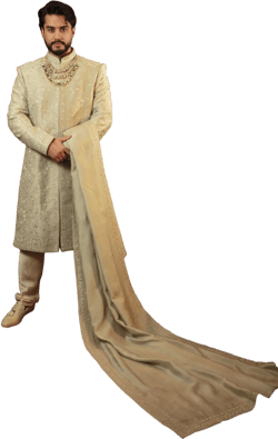 Mint Raw Silk Resham Embroidered Sherwani Set
