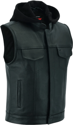 DS Men's Black Leather Motorcycle Vest with Removable Hood