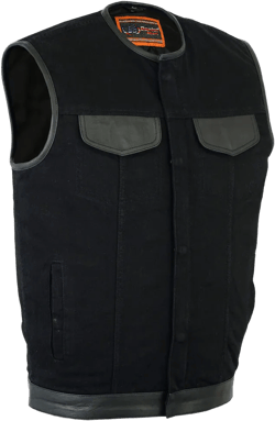 DM Men's Black Denim Single Panel Concealment Vest W/Leather Trim-