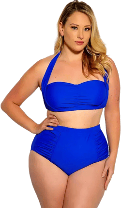 Blue Bold Halter Top Ruched High Waist Two Piece Swimsuit Plus