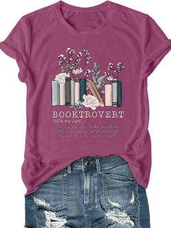 Floral Book Print Casual T-Shirt for Women – Short Sleeve Graphic Tee