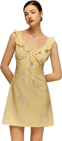 Poéselle Light Yellow Printed Shirt, Summer Slim Shirt, Short Shirt,Pastel Dress,Ruffle Skirt,Summer Clothes,Pastel Dress,Women Elegant Floral Print Ruffle Trim Cami Mini Dress,Summer DressesSpring Clothes, Poeselle,Sun Dress