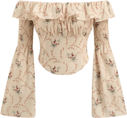 Off-shoulder Floral Shirred Bell Sleeve Blouse