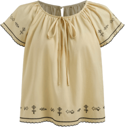 100% Cotton Round Neckline Aztec Embroidery Wave Trim Knotted Short Sleeve Blouse