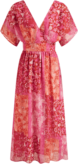 Chiffon V-neck Floral Patchy Middle Sleeve Midi Dress
