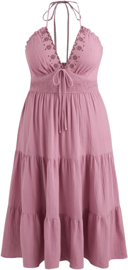 Halter Solid Knotted Shirred Embroidery Ruffle Tiered Maxi Dress Curve & Plus