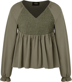 V-neck Solid Ruffle Shirred Long Sleeve Blouse