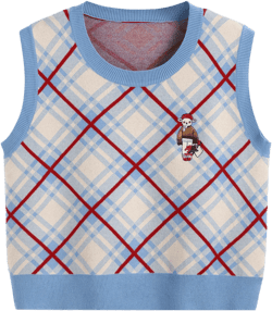 Knit Round Neckline Check Sheep Embroidery Vest Curve & Plus