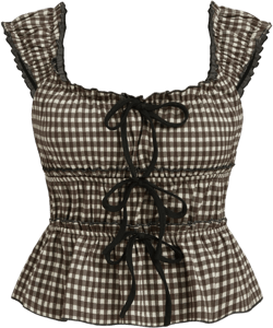 Cotton-blend Gingham Bowknot Top