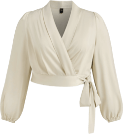 Satin V-neck Solid Wrap Knotted Long Sleeve Crop Blouse Curve & Plus