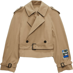 Beige Double-breasted Crop Trench Coat With Waist Belt And Patch On The Sleeve