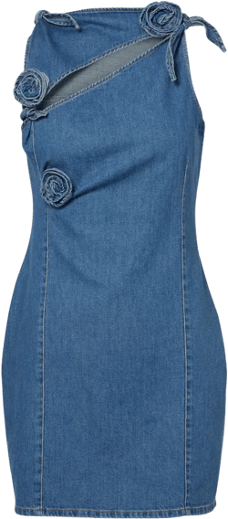 Blue Asymmetric Sleeveless Mini Dress With Cut-out Detail And Floral Patches