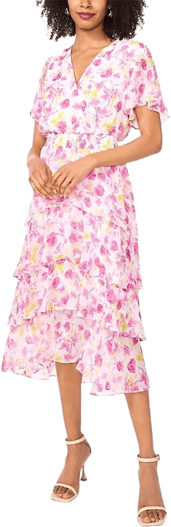 Vince Camuto Women's Pink Floral Print Flutter Sleeve Tiered Ruffle Midi Dress