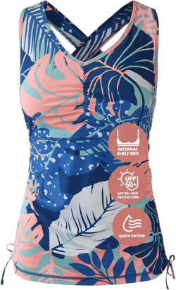 UV SKINZ Women's Swim Tankini – Modest Tankini Top with Built-in Bra, UPF 50+ Sun Protection & Flattering Ruched Sides XX-Large Ocean Botanical