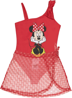 Disney The Little Mermaid, Minnie Mouse Girls Swimsuit Set, One Piece Bathing Suit and Coverup Skirt, Swimwear for Kids 5 Red