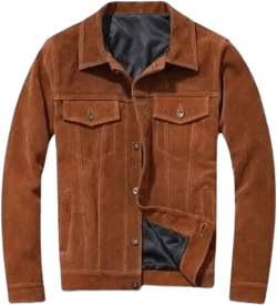 Men's Suede Leather Trucker Jacket Button Front Flap Pockets Brown Suede Jacket XX-Large Brown