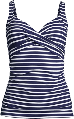 Lands' End Women's DDD-Cup V-Neck Wrap Underwire Tankini Swimsuit Top - 18 - Deep Sea/White Media Stripe