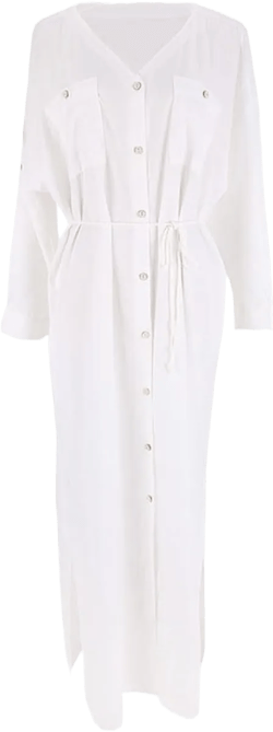 Women's White Button-Down Maxi Dress – Long Sleeve Beach Cover-Up with Waist Belt – Lightweight Swimsuit Cover for Vacation, Resort, and Summer Wear, For under 150 lbs