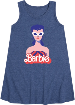 Girls' Barbie Retro Swimsuit Graphic Sleeveless Aline Dress - Heather Navy - Small
