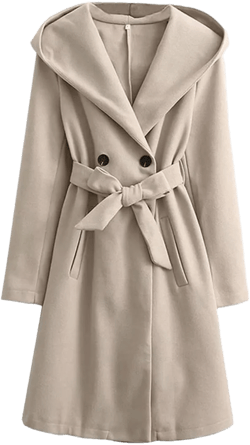 Woman Casual Jacket Autumn Winter Double Breasted Longline Loose Trench Coat Belted Hooded Overcoat Beige Large Beige