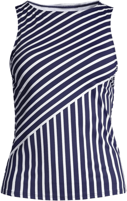 Lands' End Women's Long Torso High Neck UPF 50 Sun Protection Modest Tankini Swimsuit Top - 8 - Deep Sea Mixed Diagonal Stripe