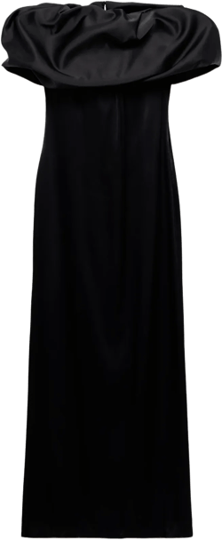 Satin dress with open shoulders and volume
