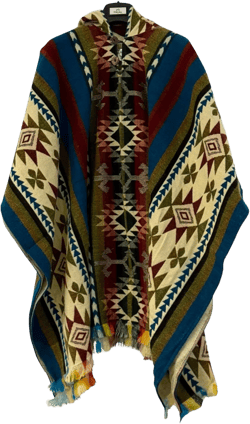 Gamboa Alpaca Wool Mexican Poncho with Hood for Men Hoodie Pancho Mens Western Hooded Serape Aztec Multicolor I