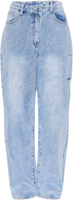 Light Blue Wash Asymmetric Waistband Baggy Low Rise Thigh Split Boyfriend Jeans