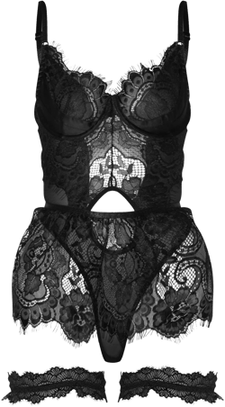 Black Lace Skirt Detail Bodysuit and Garter Lingerie Set