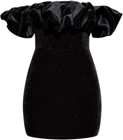 Black Velvet Bardot Ruffle Bodycon Dress