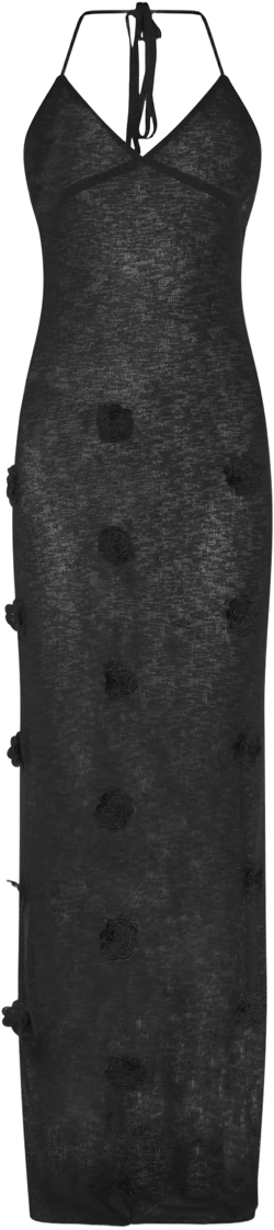Black Floral Applique Knit Maxi Beach Dress