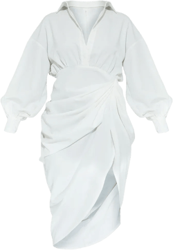 White Balloon Sleeve Gathered Skirt Midi Shirt Dress