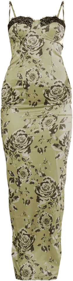 Green Satin Print Lace Trim Maxi Dress