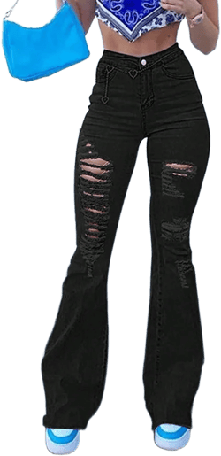 Ripped Raw Hem Flare Leg Jeans,Ladies Button,Pocket,Raw Hem,Ripped,Zipper High Waist Flare Leg Extra Long Black Regular Fit Women Jeans,Spring/Fall,Casual Daily Wear