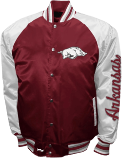 2Bhip NCAA Arkansas Razorbacks Adult Red & White Lightweight Vintage Style Satin Bomber Varsity Jacket at Amazon Men’s Clothing store