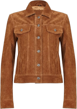 Tan Brown Suede Leather Trucker Jacket - Women's Casual Cowboy Style Shirt jacket (US, Alpha, Small, Regular, Regular, Tan brown)
