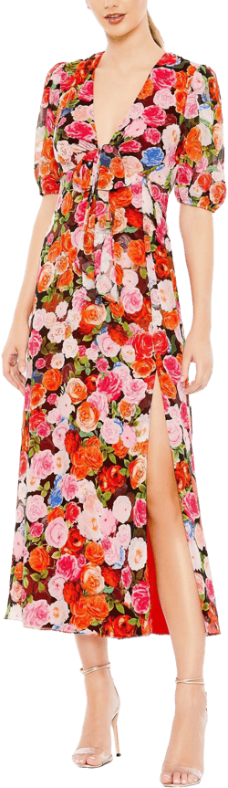 Mac Duggal Floral Print Front Tie Puff Sleeve Flowy Midi Dress
